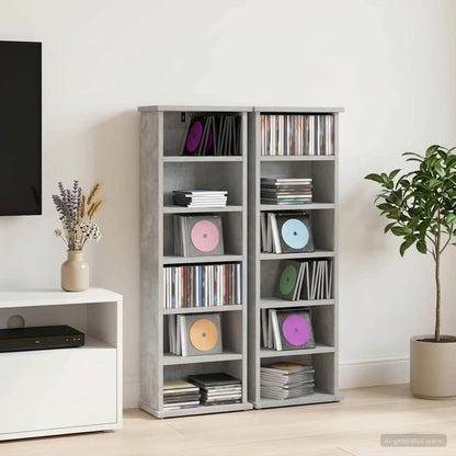 vidaXL CD Cabinet 2 pcs Concrete Grey Engineered Wood standing in a room with CDs on shelves