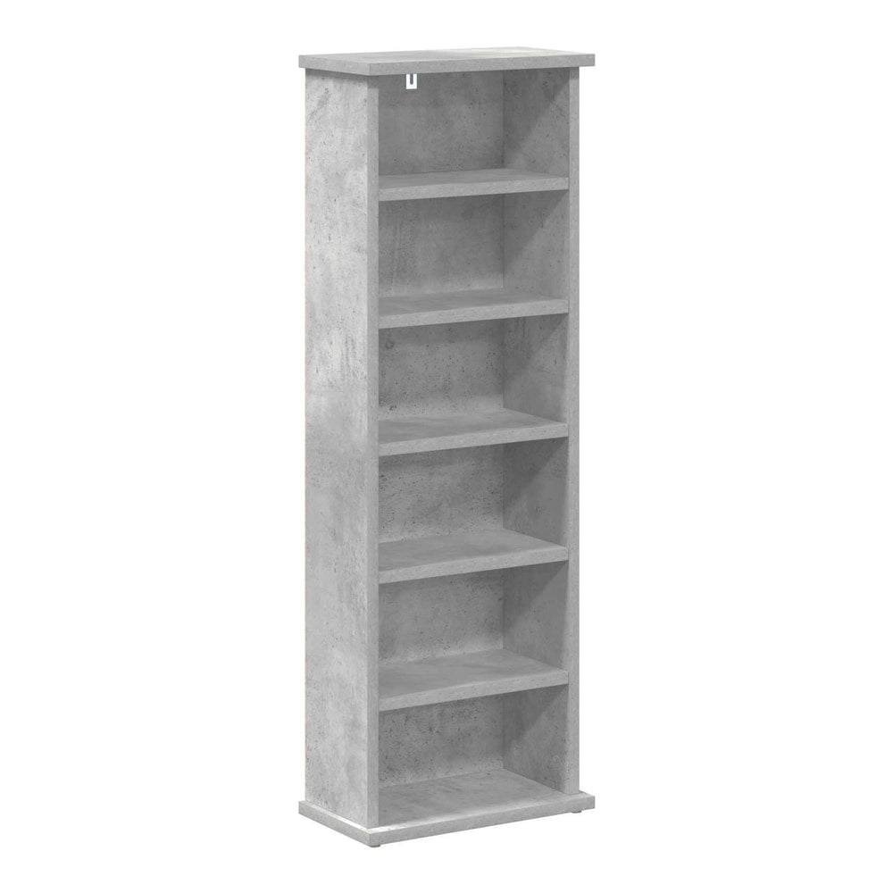 A single concrete grey media storage cabinet with empty shelves