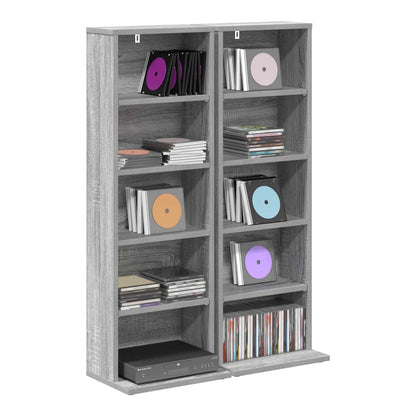 two grey media storage cabinets with doors open