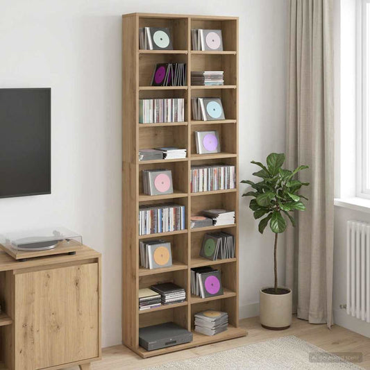 vidaXL CD Cabinet Artisan Oak Engineered Wood filled with CDs and a DVD player