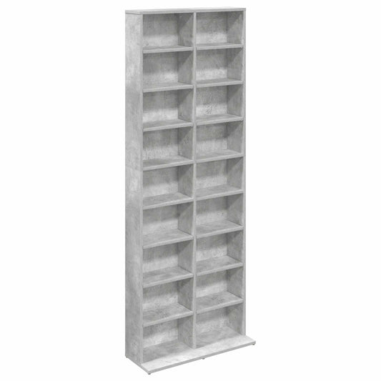 The media storage cabinet is tall and narrow with many shelves