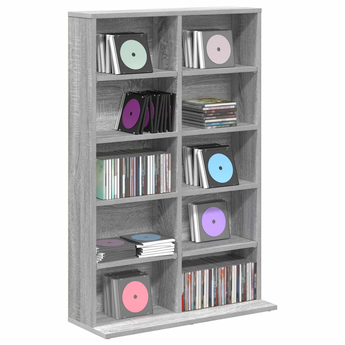 The media storage cabinet filled with various music discs on the shelves