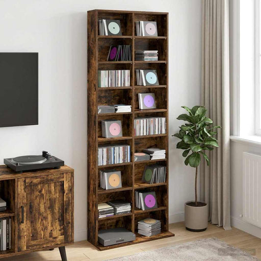 vidaXL CD Cabinet Smoked Oak Engineered Wood, a tall narrow media storage cabinet filled with CDs