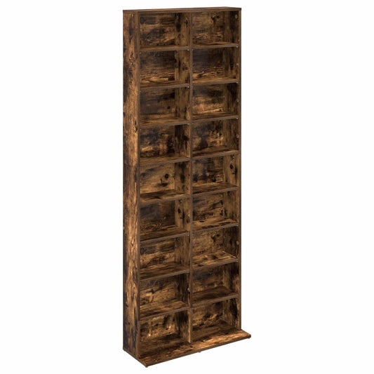 The media storage cabinet, a tall narrow unit with many shelves, shown from the side