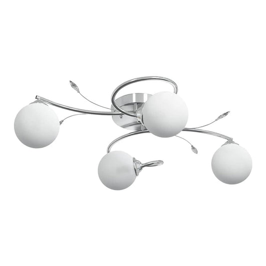 A modern ceiling light fixture with four white glass globes on curved chrome arms, showing the central fitting