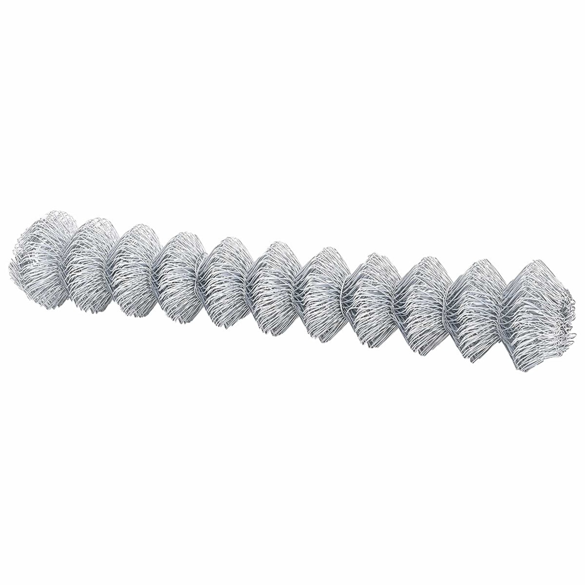 Ten small rolls of galvanised steel chain link fence material laid out in a row