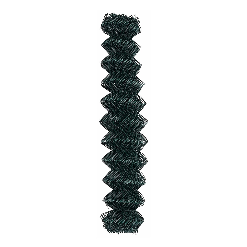 A vertical view of a coiled green chain link fence