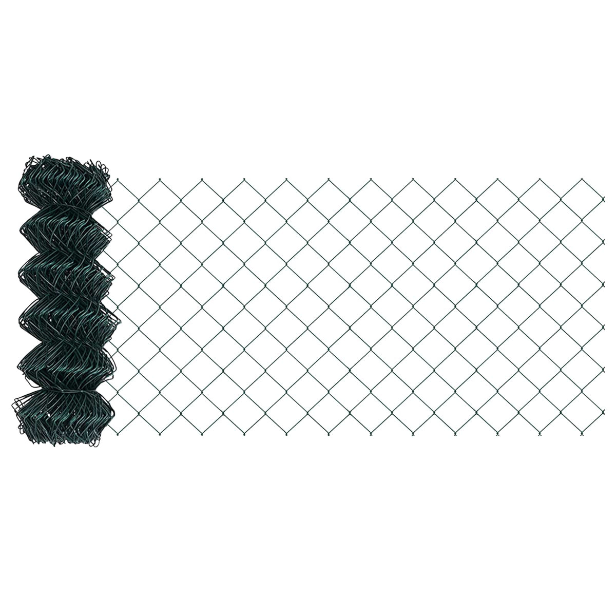 A roll of green chain link fencing material, unrolled slightly to show the diamond pattern
