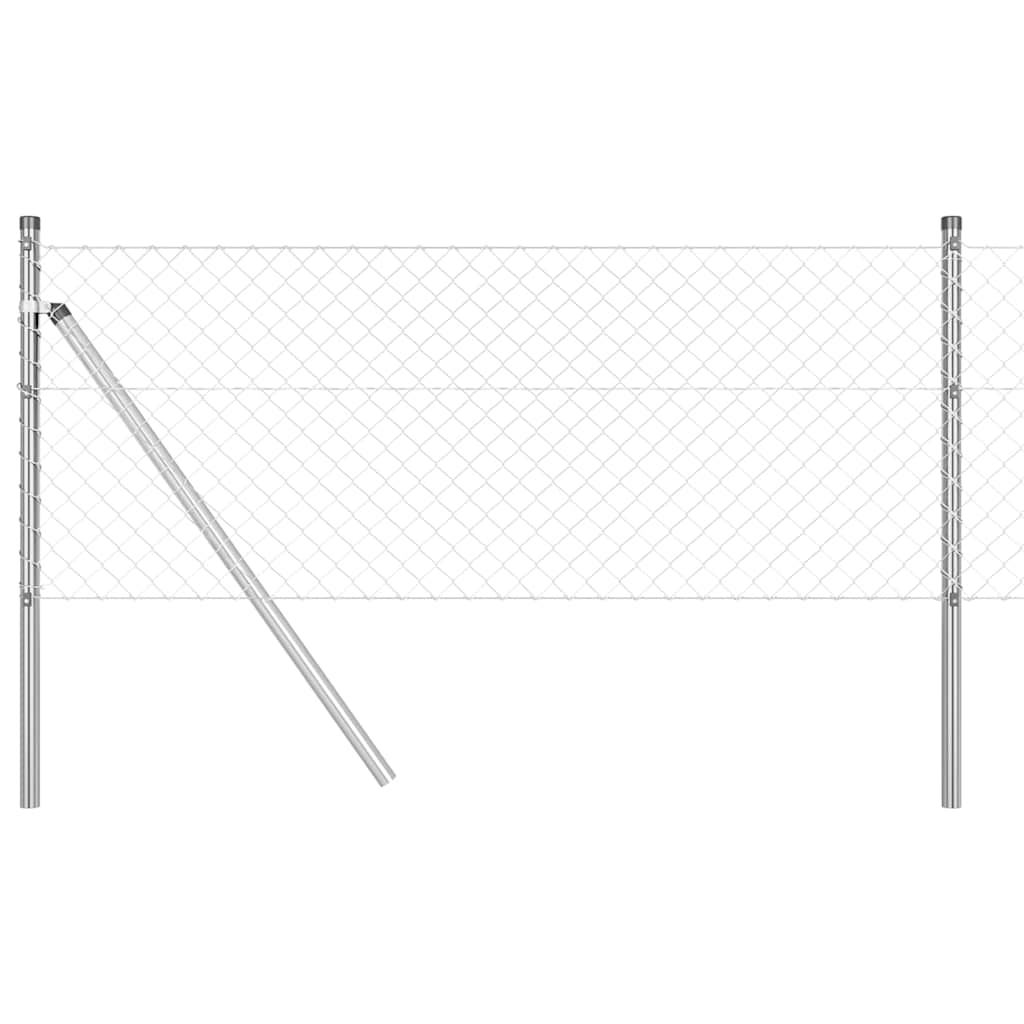 A section of chainlink fence with a metal pole leaning against it