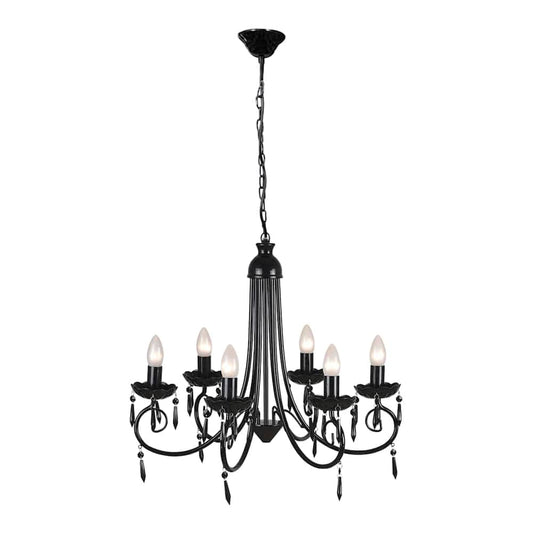 Pendant Ceiling Lamp black chandelier with six candle-style bulb sockets and decorative crystal droplets