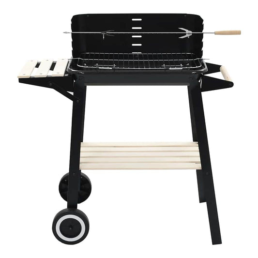The charcoal BBQ stand with wheels, showing the main body and a rotisserie spit attached