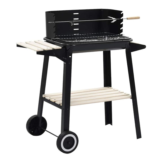 Charcoal BBQ Stand with Wheels, a black metal grill with two wooden side shelves and a lower shelf, on two wheels