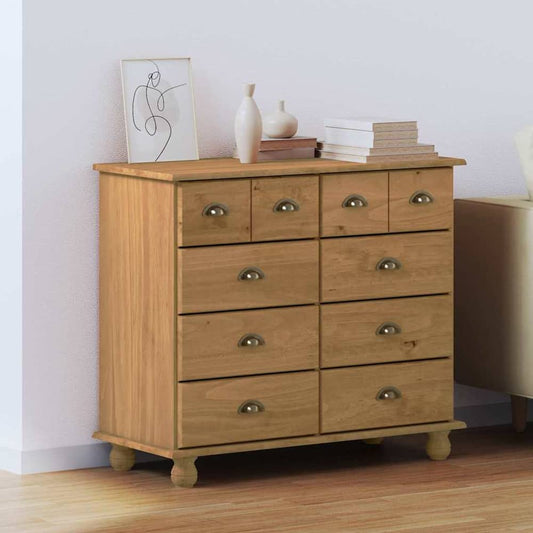 vidaXL Chest of Drawer ASKIM Brown Solid Pine Wood, a wooden chest of drawers with ten drawers and metal handles