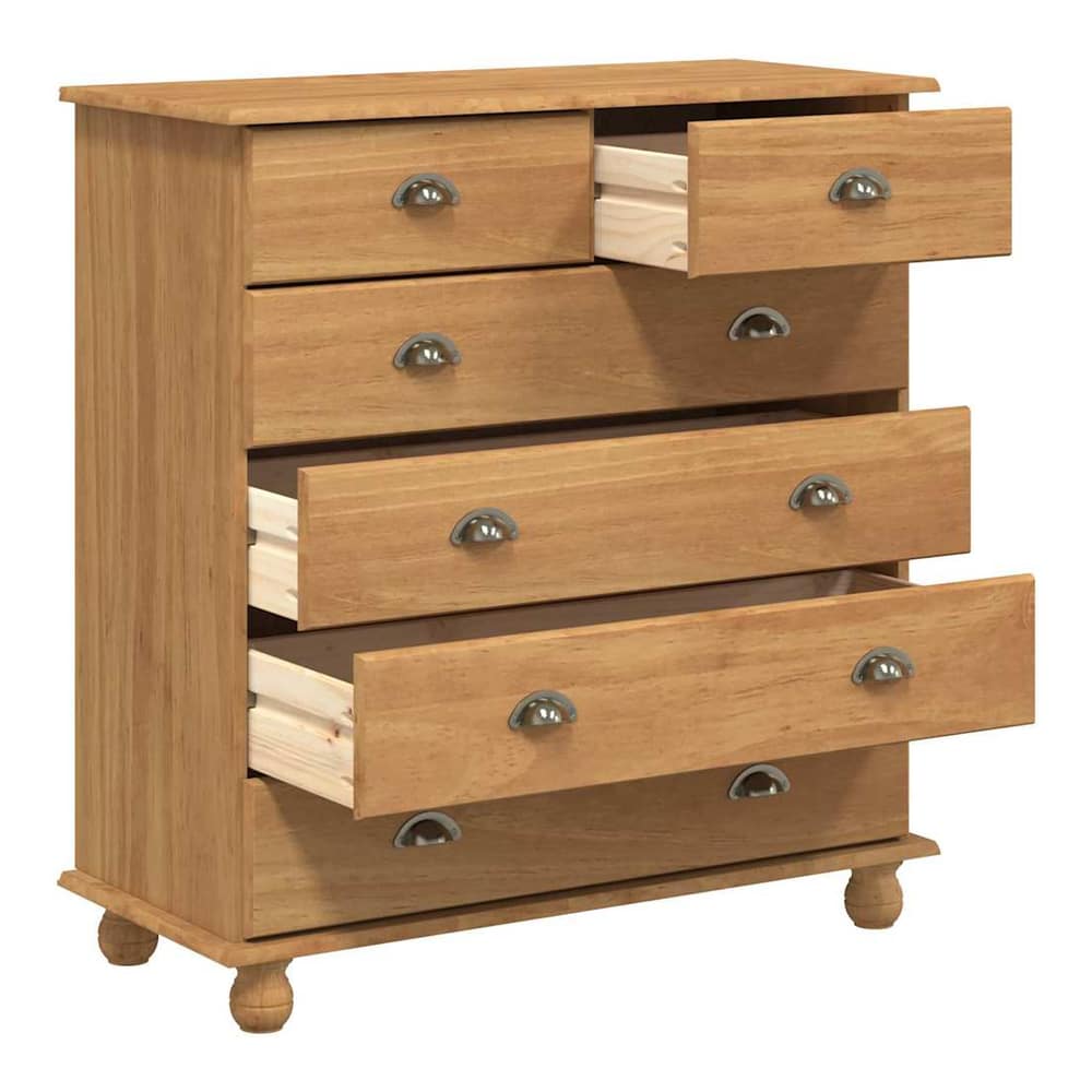The chest of drawers with two top drawers open, showing the inside of the drawers and the wooden construction