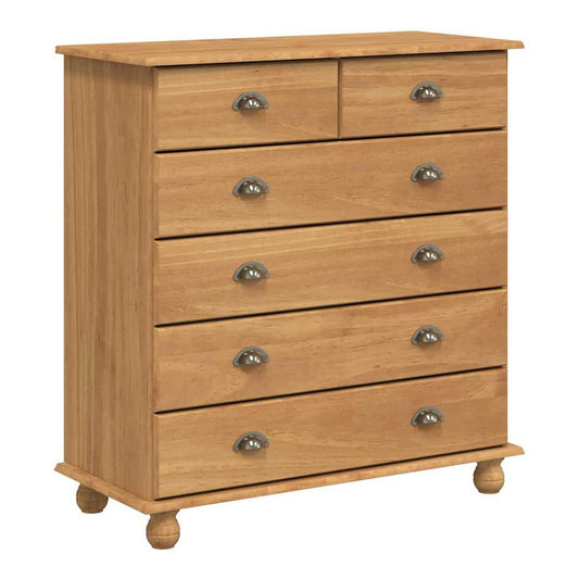 A chest of drawers made of solid pine wood with six drawers and round metal handles, shown from the front