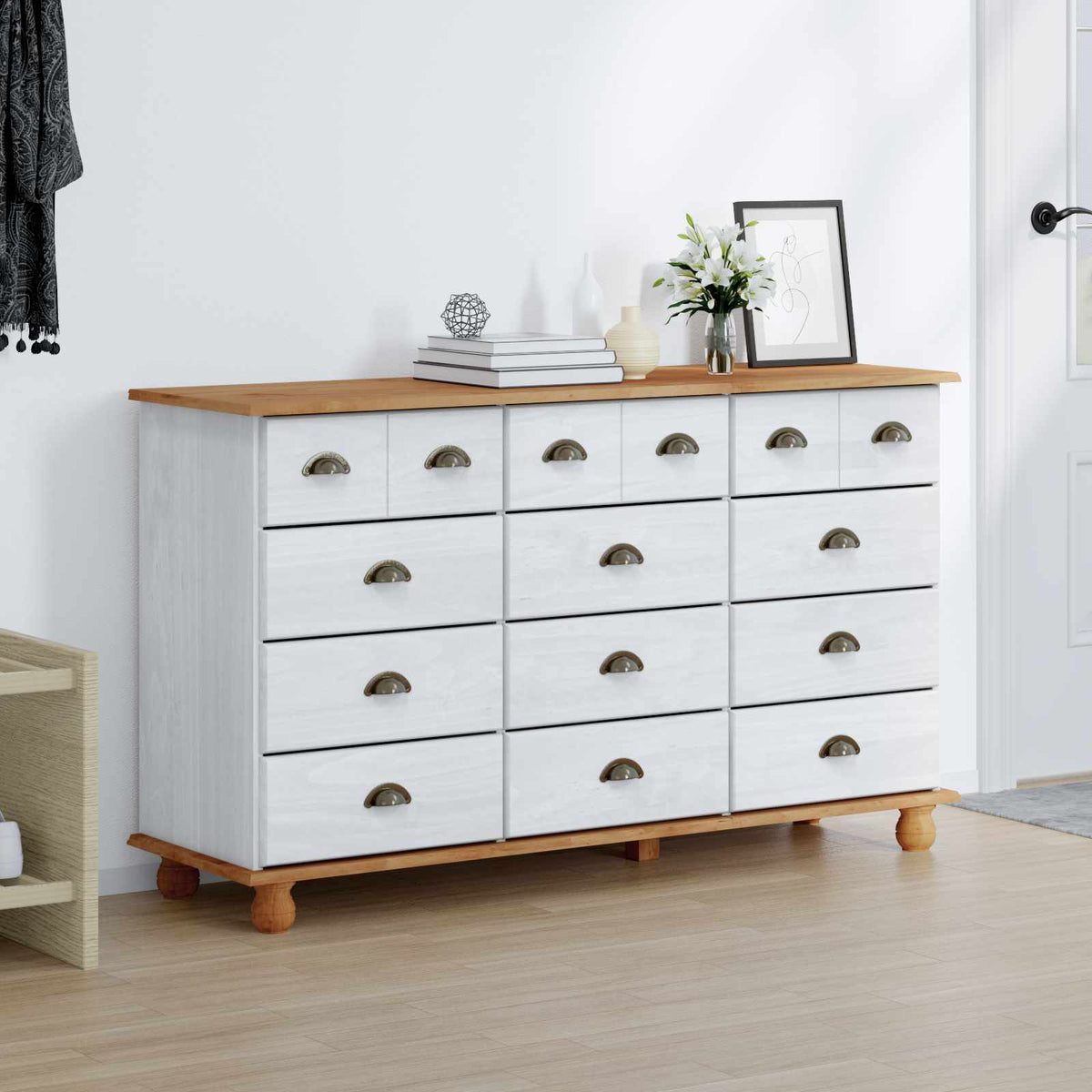 vidaXL Chest of Drawer ASKIM White Solid Pine Wood in a room setting with decorative items on top