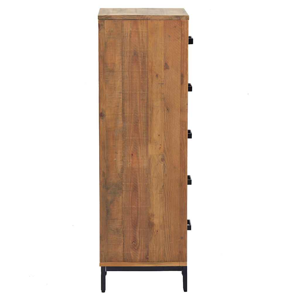 The side profile of the chest of drawers showing the flat wooden panel and metal frame