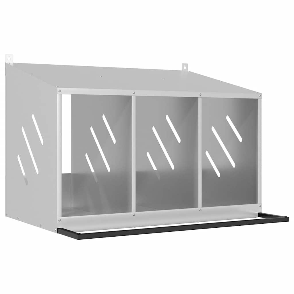 galvanised metal chicken nesting box with three compartments and a black tray