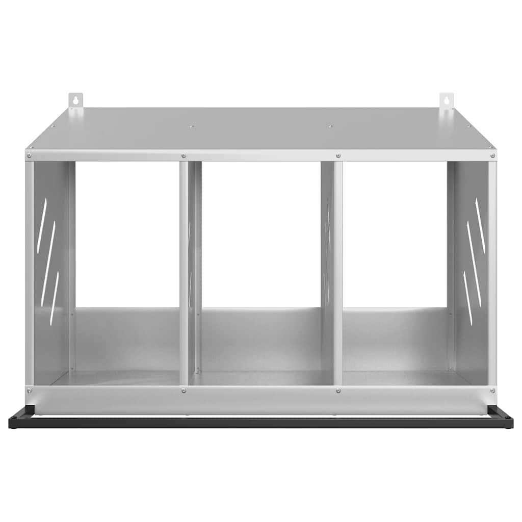 three compartment chicken nesting box, viewed from the front with a black base