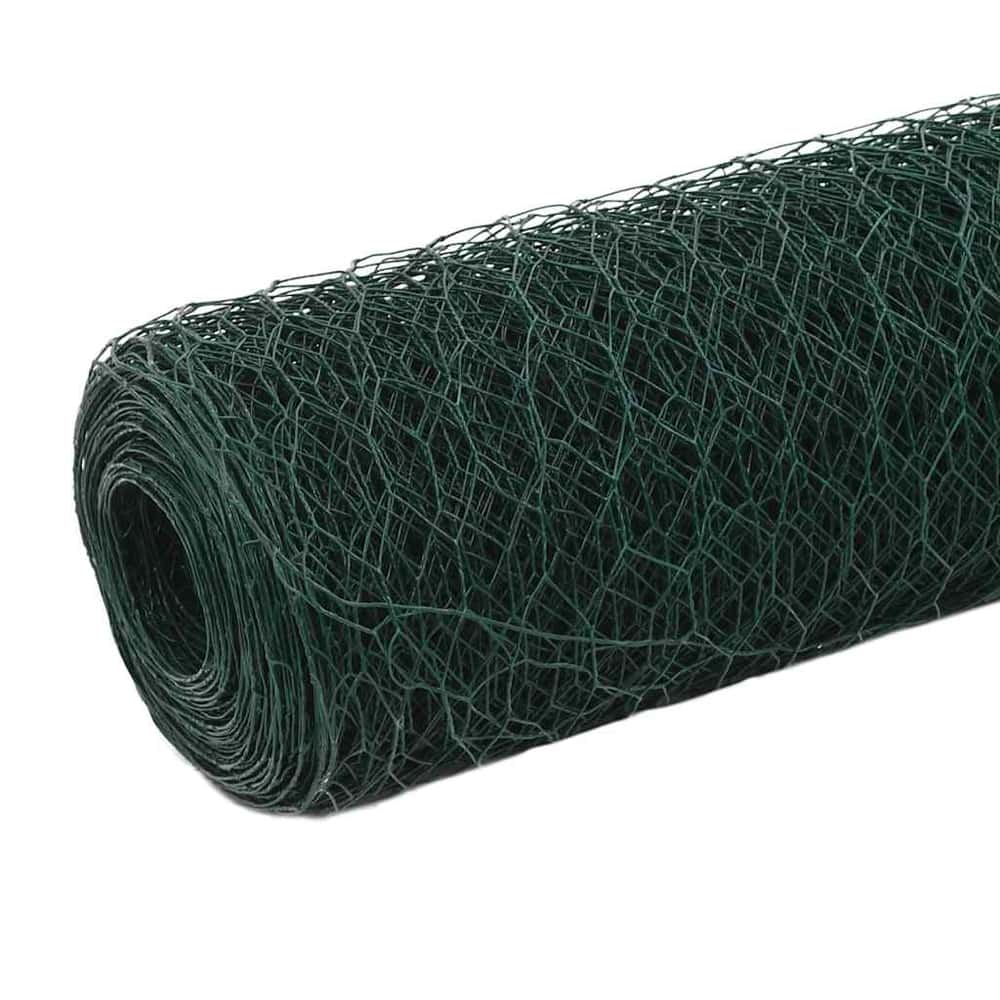 A close-up of the green PVC coated steel wire mesh fencing, showing the hexagonal pattern