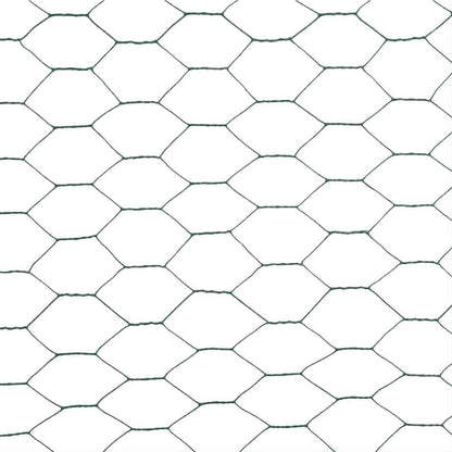 A close-up pattern of the green hexagonal wire mesh fencing