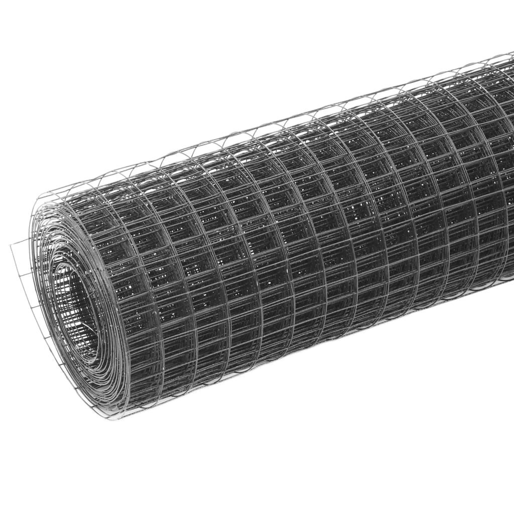Close-up of the grey steel mesh fencing, showing the PVC coating and square grid pattern