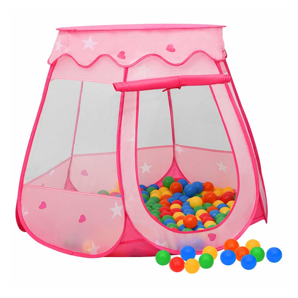 vidaXL Children Play Tent with 250 Balls Pink, a pink pop-up play tent with stars and hearts, filled with colourful balls