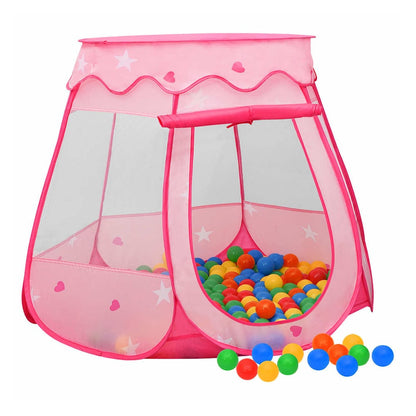 vidaXL Children Play Tent with 250 Balls Pink, a pink pop-up play tent with stars and hearts, filled with colourful balls