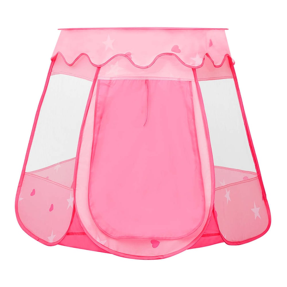 The pink children's play tent with a closed flap door and mesh side panels