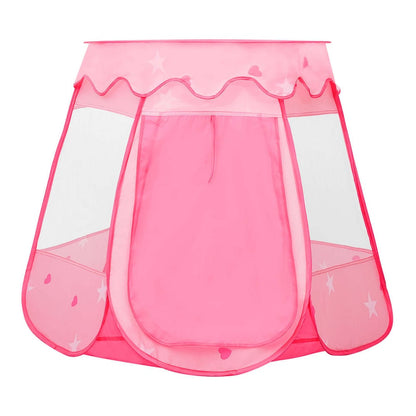 The pink children's play tent with a closed flap door and mesh side panels