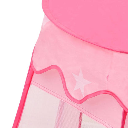 Close-up of the pink children's play tent showing the decorative scalloped edge and star pattern