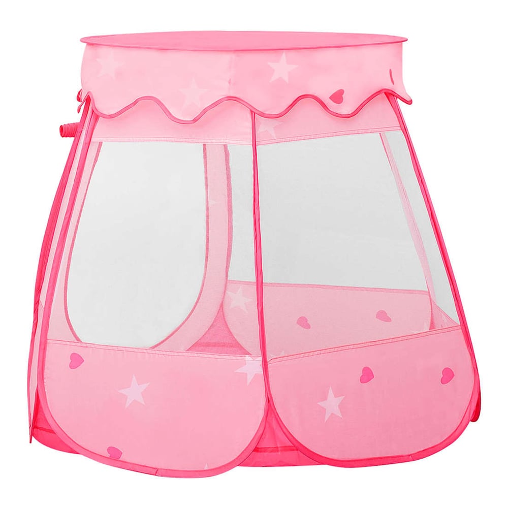 The pink children's play tent with decorative stars and hearts on the mesh panels
