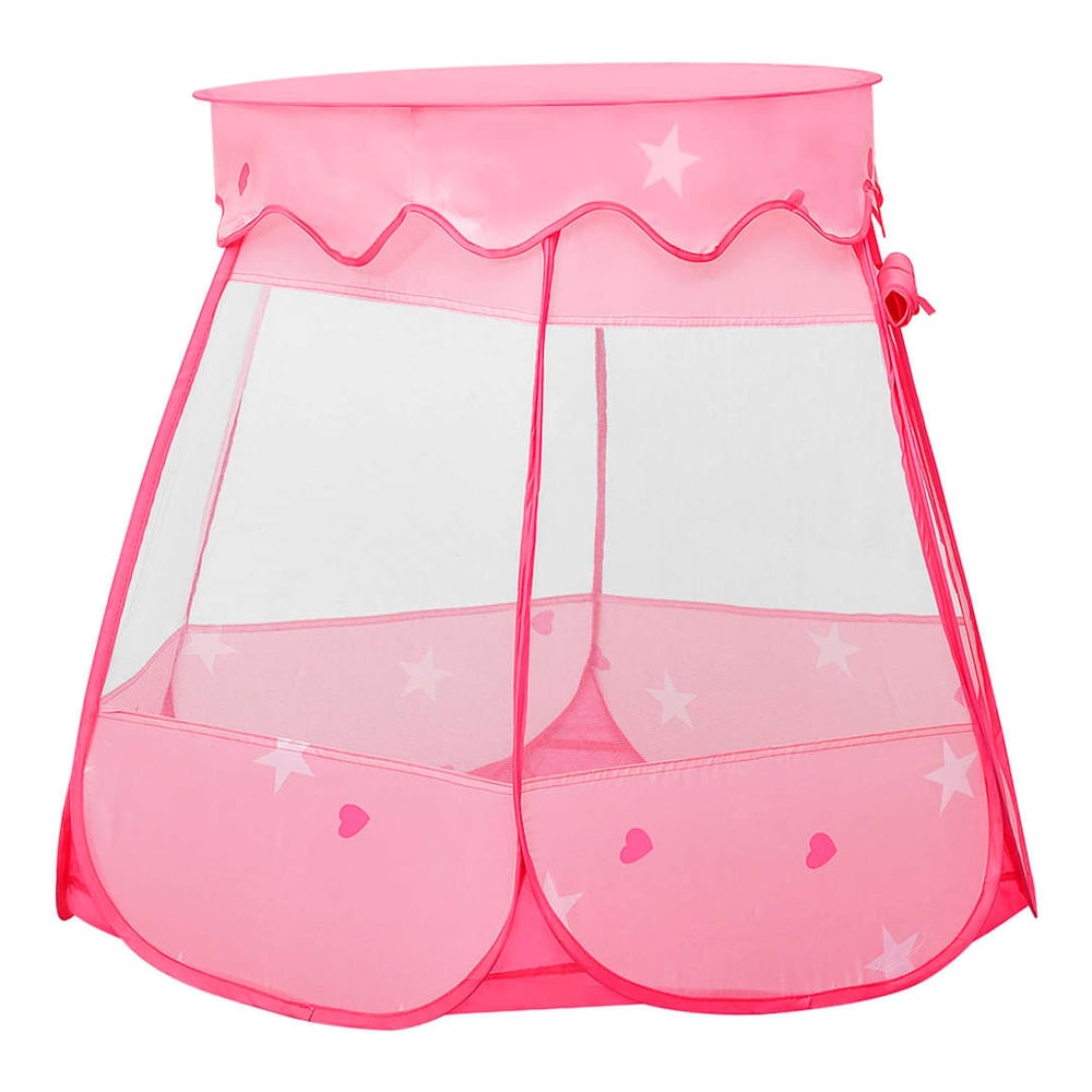 A pink pop-up play tent for children, showing the mesh sides and decorative trim