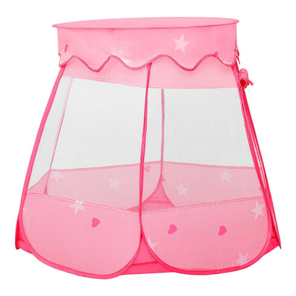 A pink pop-up play tent for children, showing the mesh sides and decorative trim