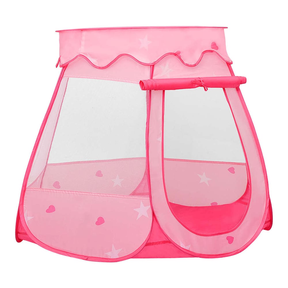 The pink children's play tent with a roll-up door and mesh windows