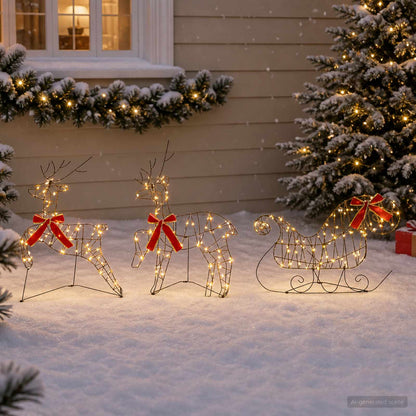 Christmas Reindeer with sleigh 60 LEDs Warm White Brown string 3