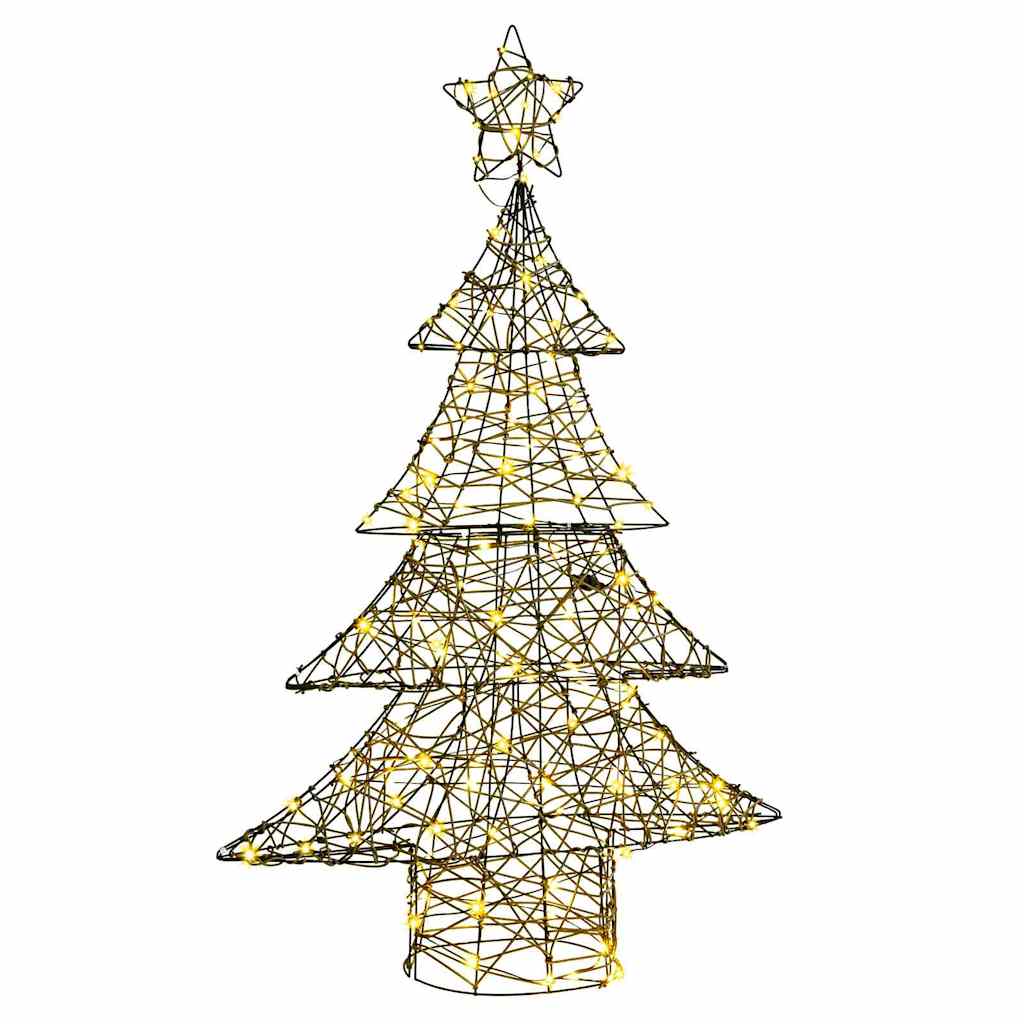 The rattan christmas tree with glowing lights against a plain white background