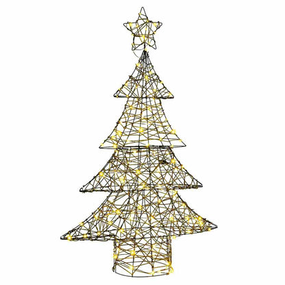 The rattan christmas tree with glowing lights against a plain white background
