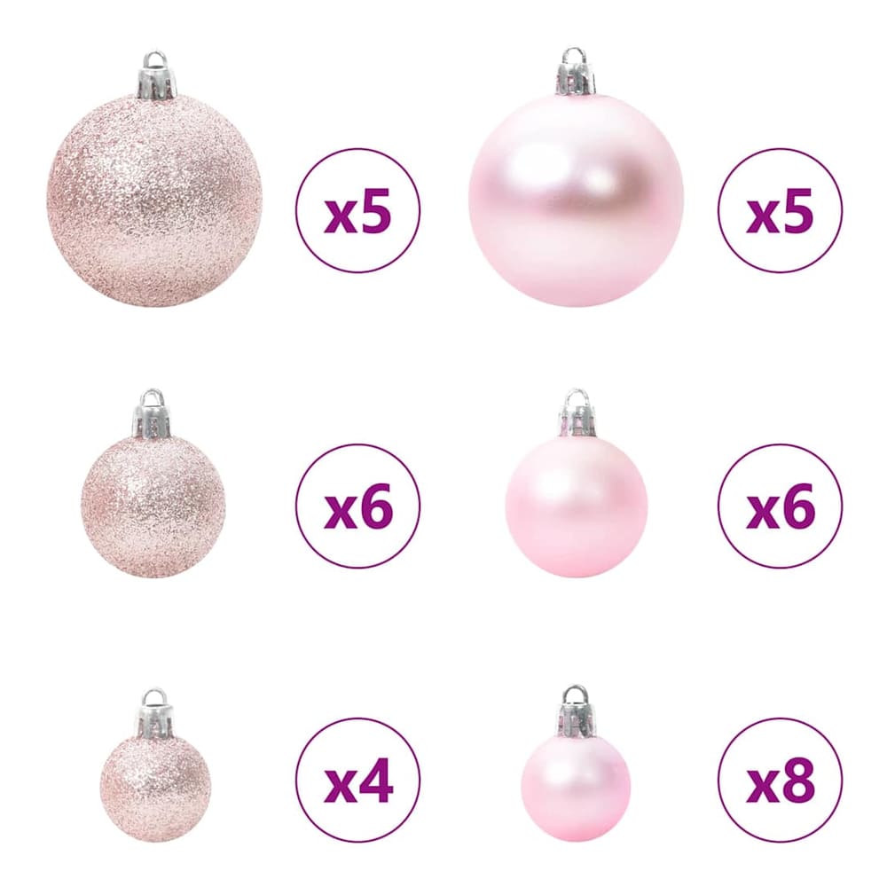 The Christmas tree baubles shown in different sizes and finishes with quantity labels