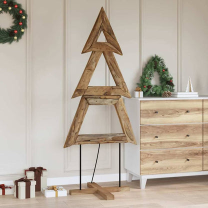 A wooden Christmas tree frame with lights in a festive room with presents