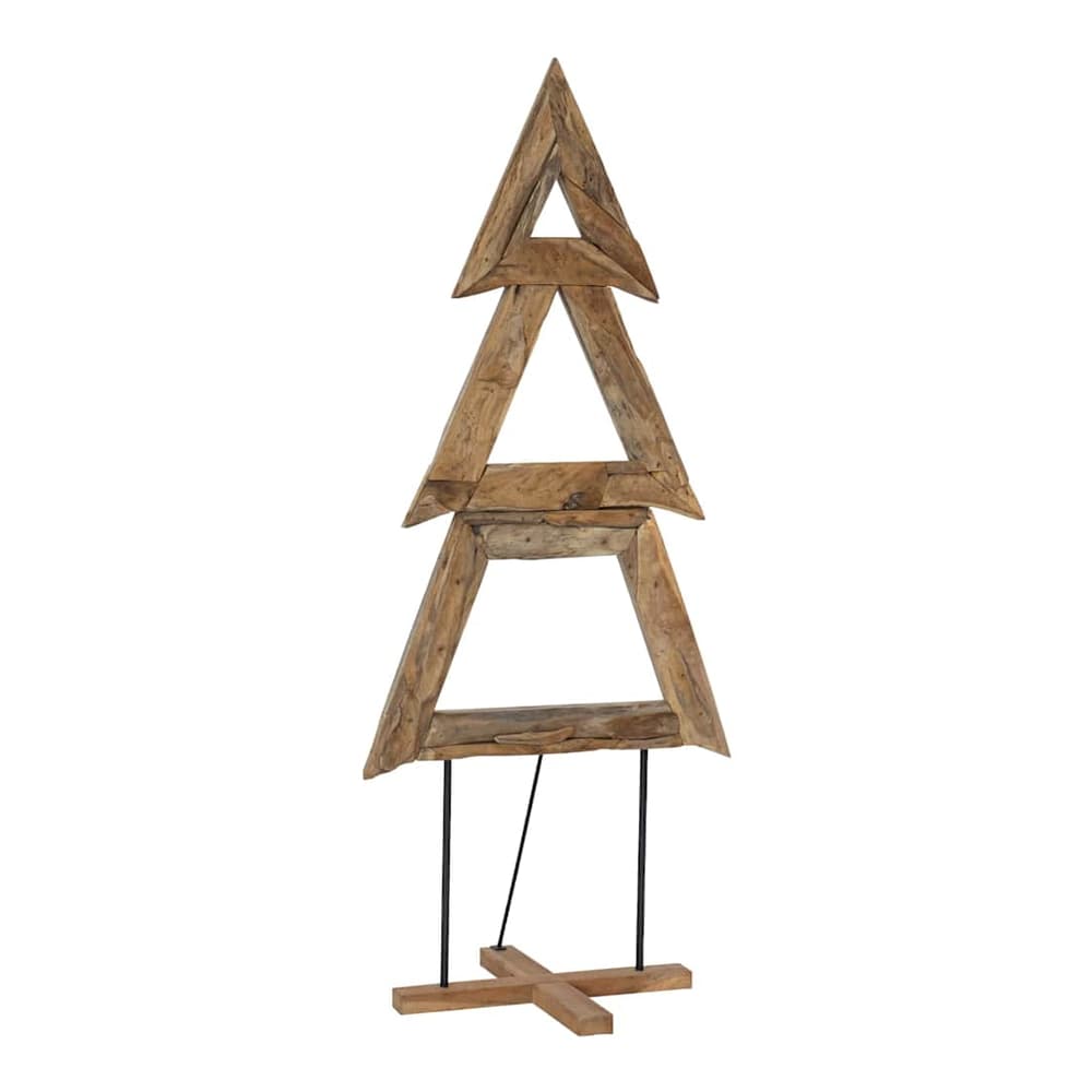 A rustic wooden Christmas tree frame with integrated lights, standing on a cross base