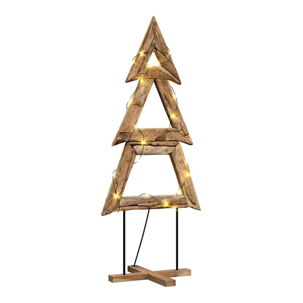 A wooden Christmas tree frame with integrated lights on a stand