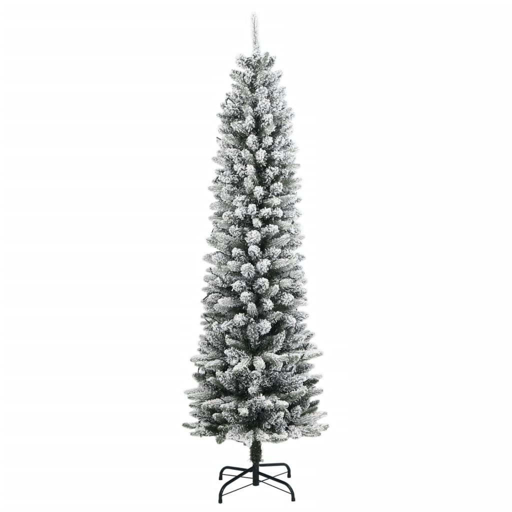A tall flocked artificial Christmas tree with integrated lights and a stand