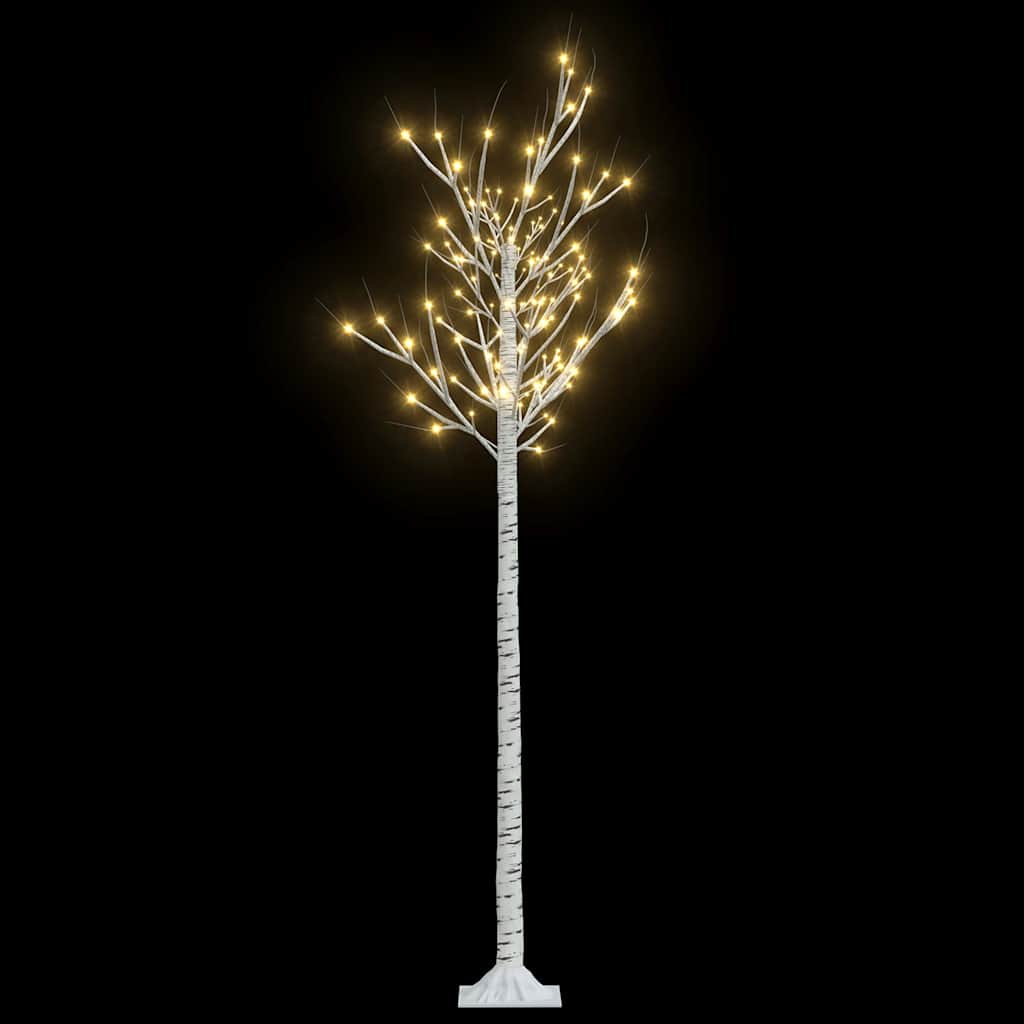 A tall white artificial birch tree with 200 warm white LED lights on a black background