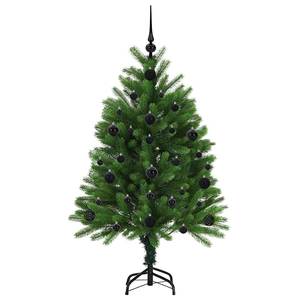 The green Christmas tree with stand and black baubles, ready for decoration