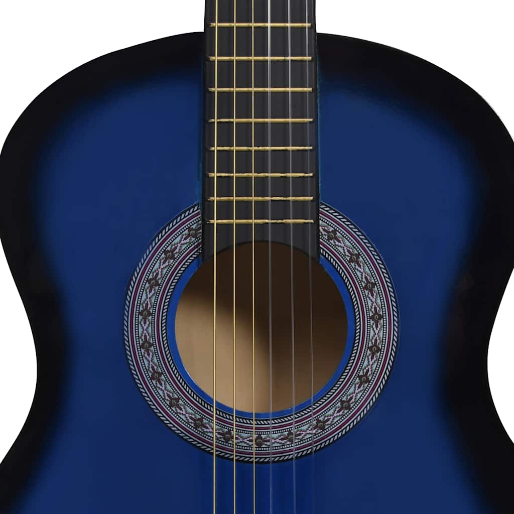 Close-up of the soundhole and strings on the blue classical guitar body