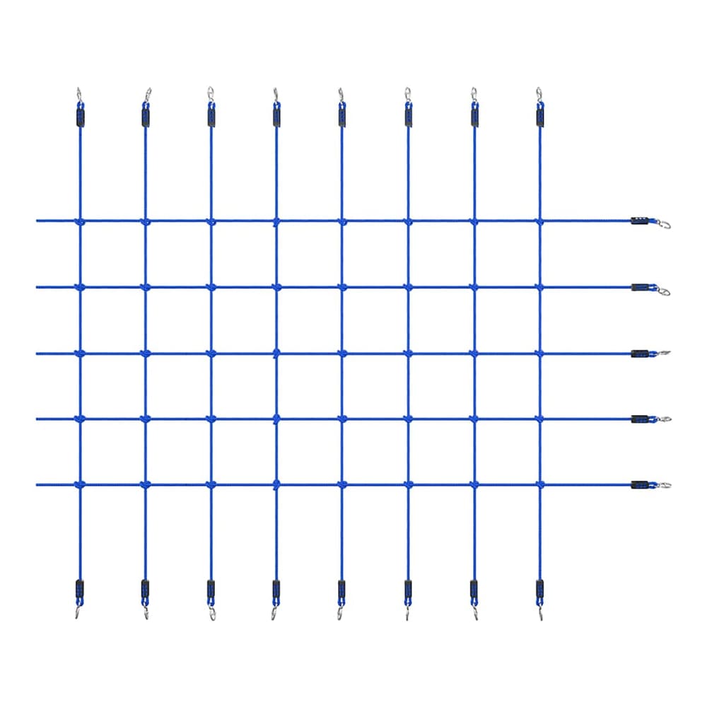 The blue climbing rope net is shown flat with metal clips attached to each end for securing it