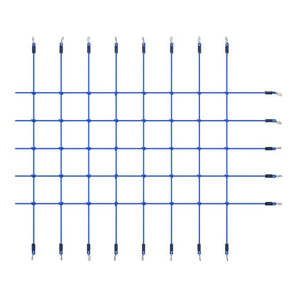 The blue climbing rope net is shown flat with metal clips attached to each end for securing it