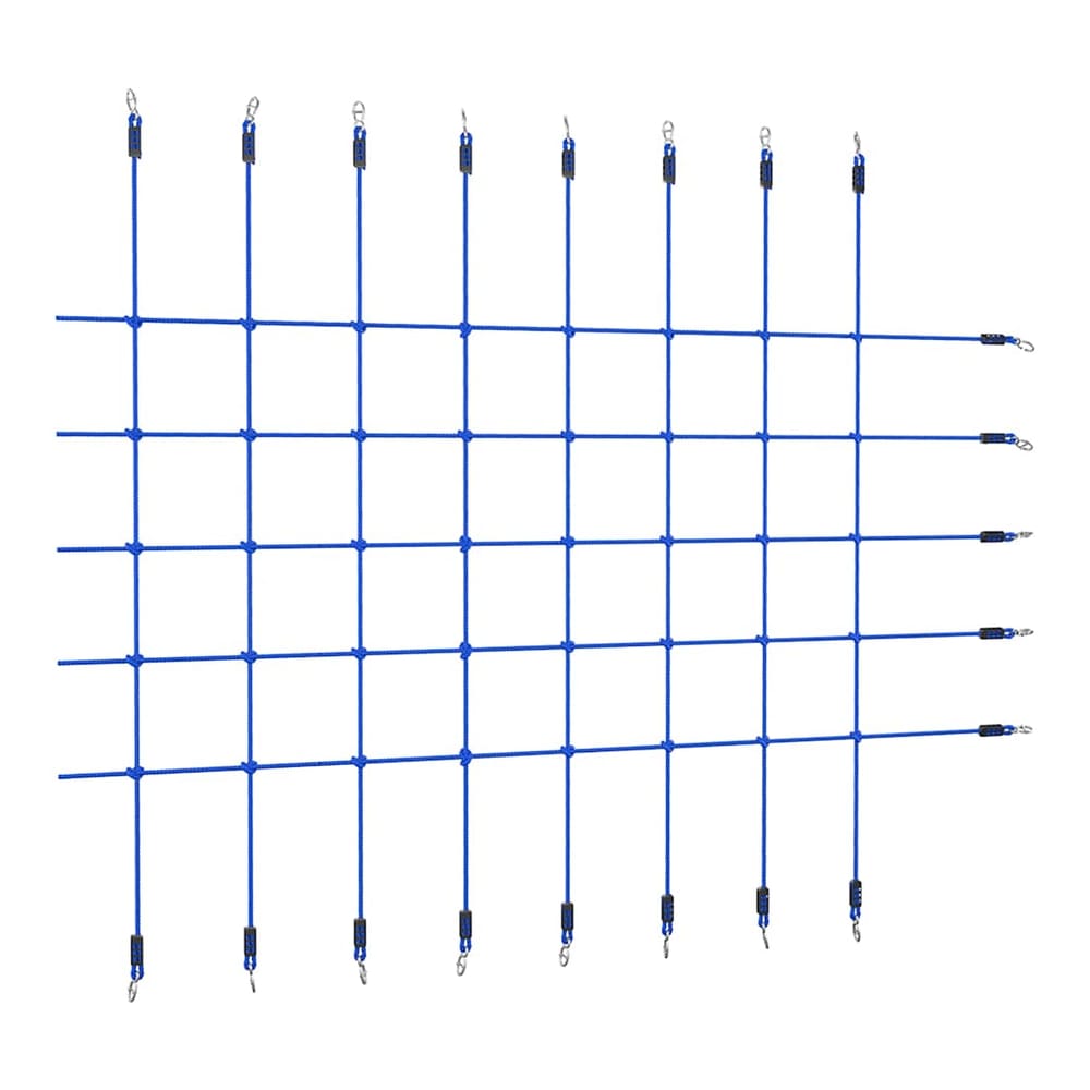 Climbing Net Blue with metal carabiner clips on a white background