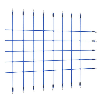 Climbing Net Blue with metal carabiner clips on a white background